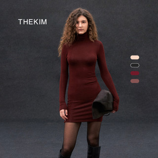 THEKIM Váy body dài tay , cổ cao tăm lông , váy liền thân ngắn trên gối D311