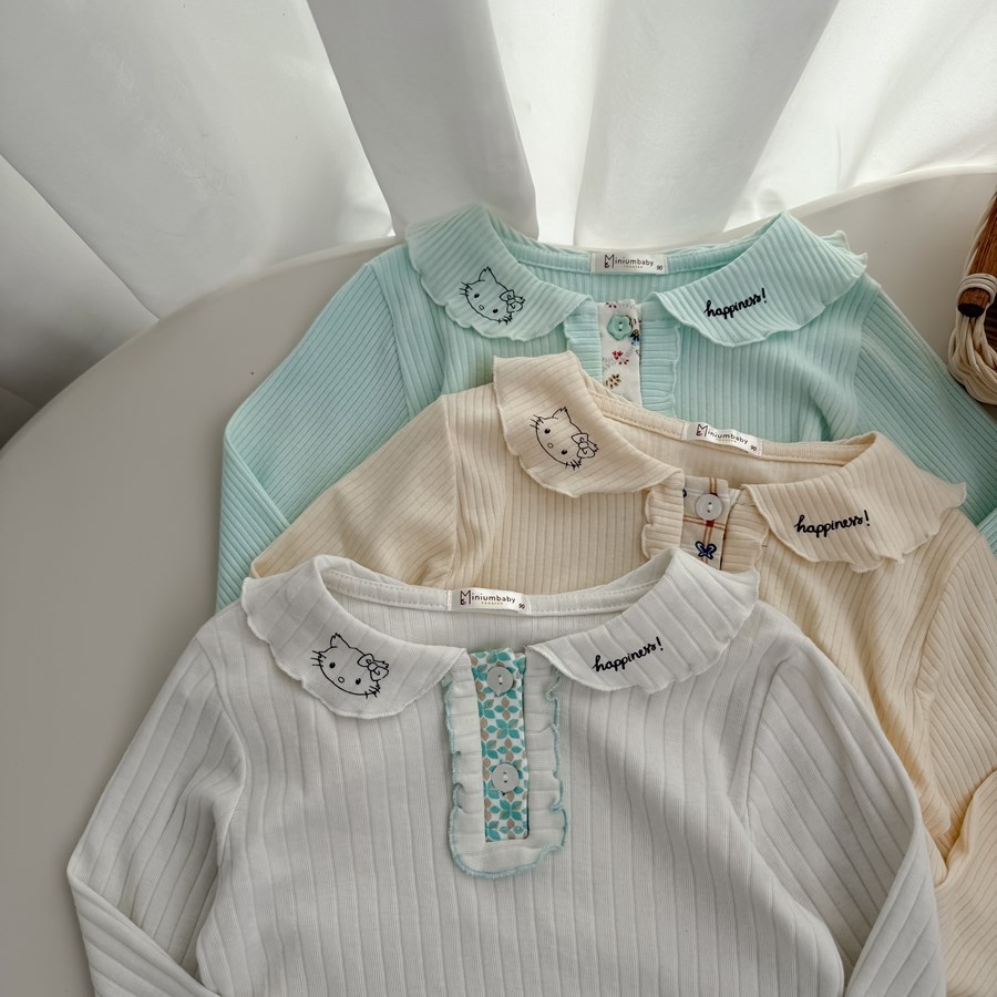Set bộ dài tay bé gái Miniumbaby cổ viền bèo hình mèo mix quần suông, chất áo cotton gân mềm SB2539