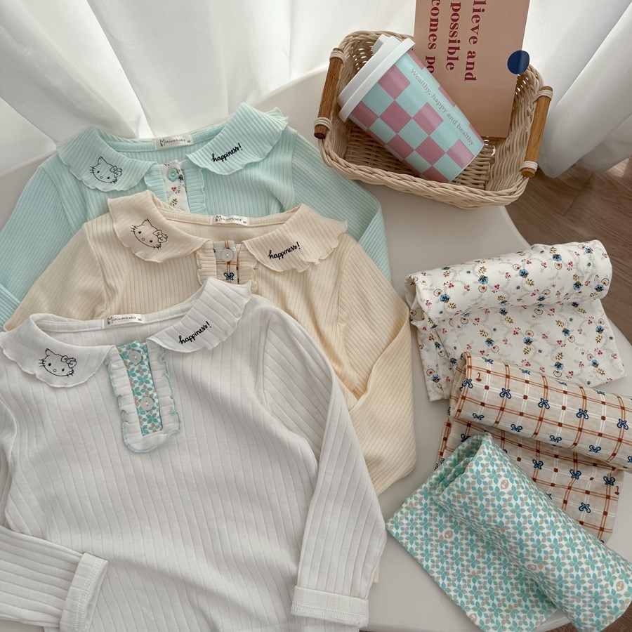 Set bộ dài tay bé gái Miniumbaby cổ viền bèo hình mèo mix quần suông, chất áo cotton gân mềm SB2539