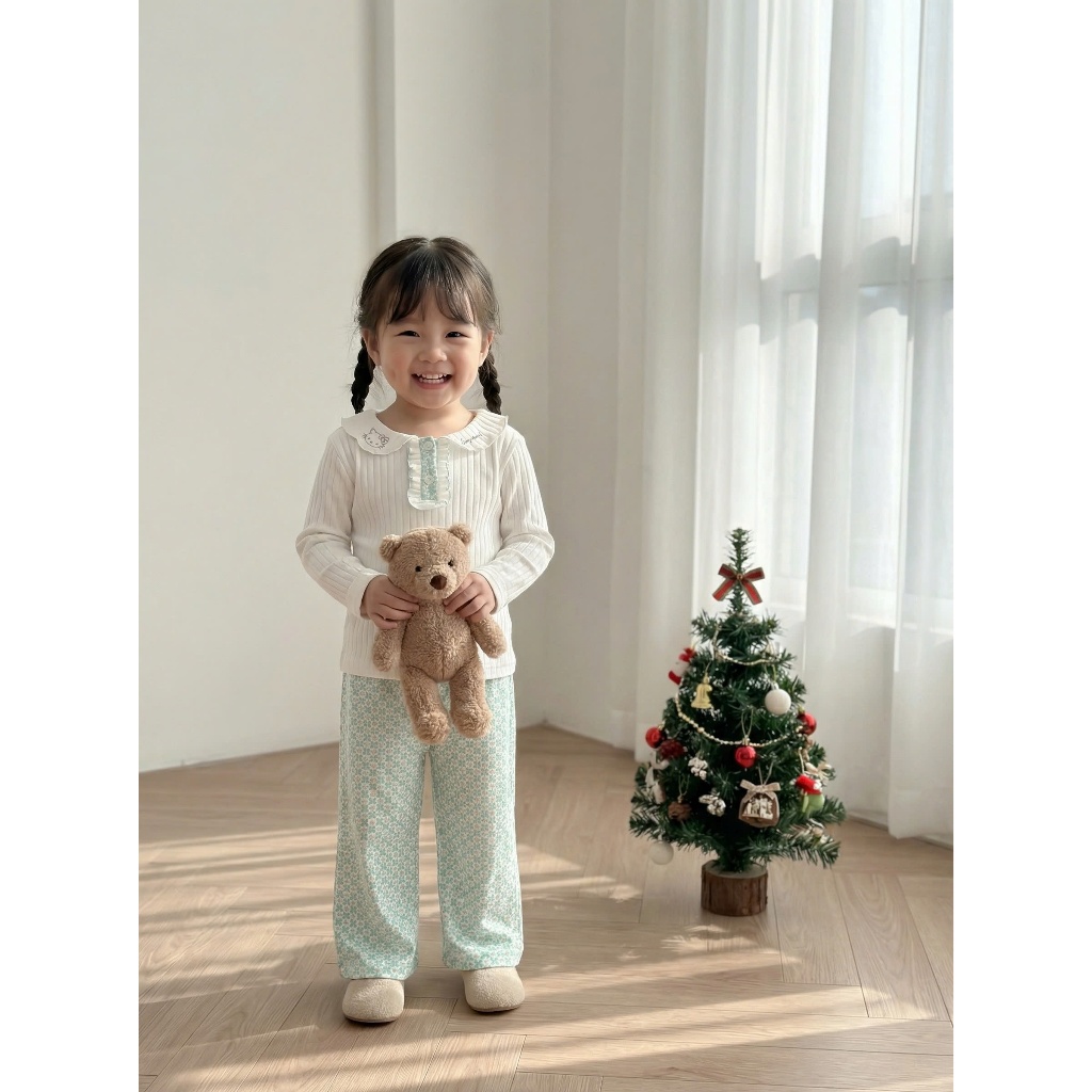 Set bộ dài tay bé gái Miniumbaby cổ viền bèo hình mèo mix quần suông, chất áo cotton gân mềm SB2539