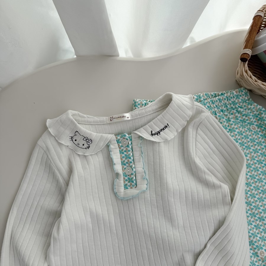Set bộ dài tay bé gái Miniumbaby cổ viền bèo hình mèo mix quần suông, chất áo cotton gân mềm SB2539