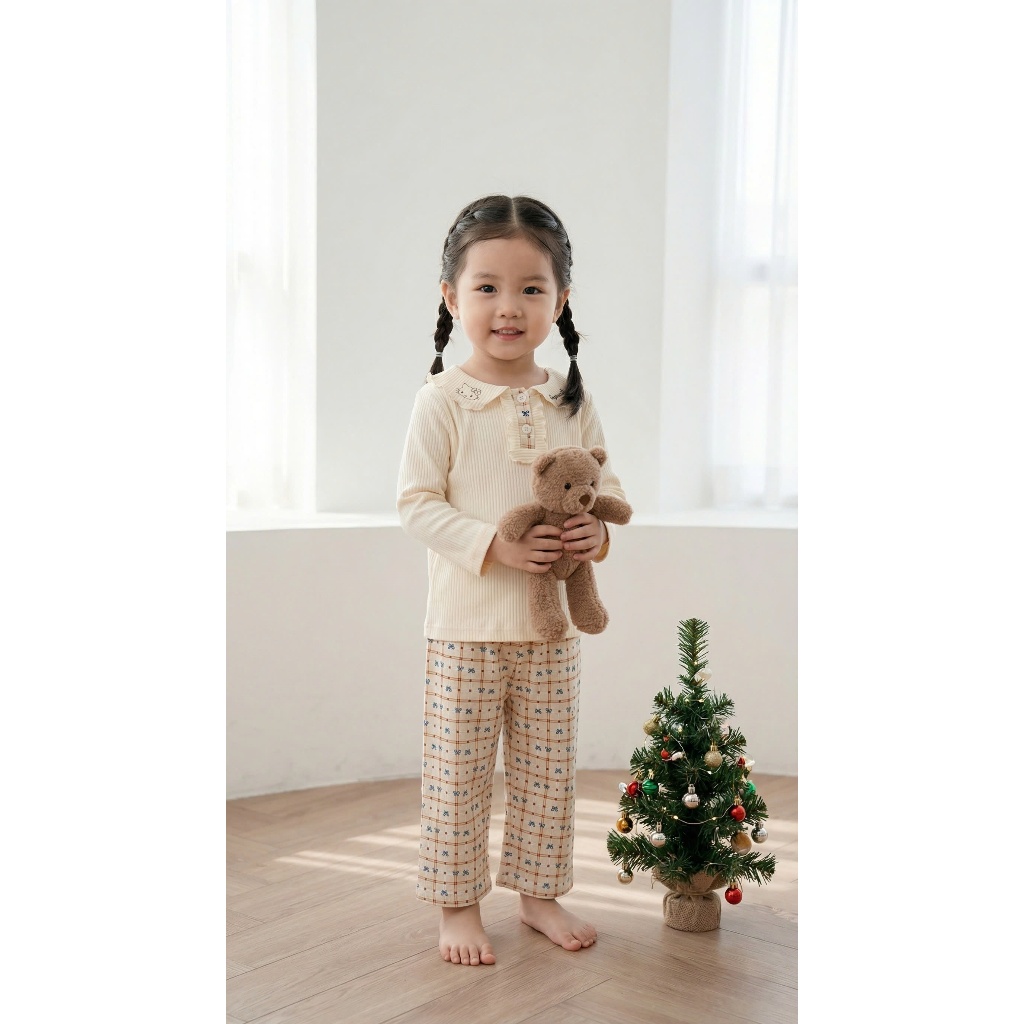 Set bộ dài tay bé gái Miniumbaby cổ viền bèo hình mèo mix quần suông, chất áo cotton gân mềm SB2539