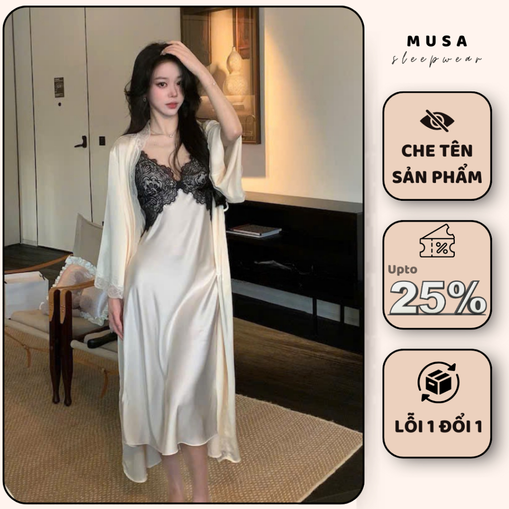 Váy ngủ lụa cao cấp MUSA phối ren dáng dài hở lưng cổ chữ V gợi cảm sexy quyến rũ có đệm mút V081