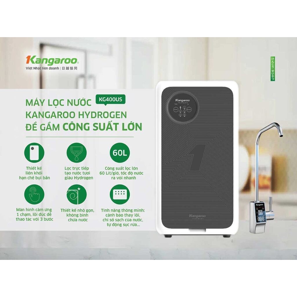 Máy Lọc Nước RO KG400US / KG100US / KG400HU Kangaroo Hydrogen Chính Hãng Có Vòi Led, Thiết Kế Nhỏ Gọn Công Suất 60L/Giờ
