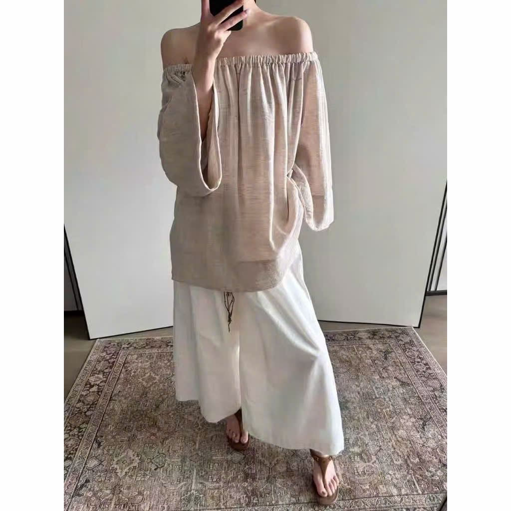 𝗦𝘂𝘀𝗶 𝗟𝗶𝗻𝗲𝗻 - | BEELY | Áo Linen trễ vai Tưng Vân Gỗ