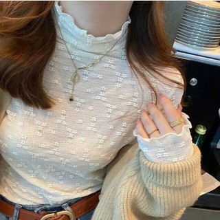 Áo Cổ Bèo Dài tay Mỏng Xuyên Thấu Hoa Nổi Phối Đồ Xinh Đẹp