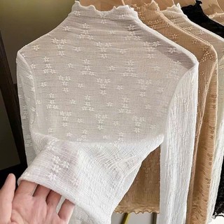 Áo Cổ Bèo Dài tay Mỏng Xuyên Thấu Hoa Nổi Phối Đồ Xinh Đẹp