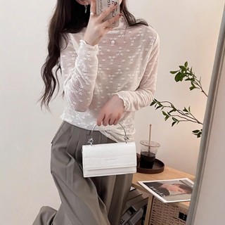 Áo Cổ Bèo Dài tay Mỏng Xuyên Thấu Hoa Nổi Phối Đồ Xinh Đẹp