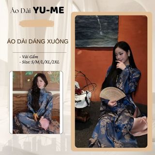 Áo Dài Tết,Áo Dài Cách Tân Gấm Đào Hạc Dáng Xuông Cổ Cao 2Cm Họa Tiết Chìm -Áo Dài YUMI