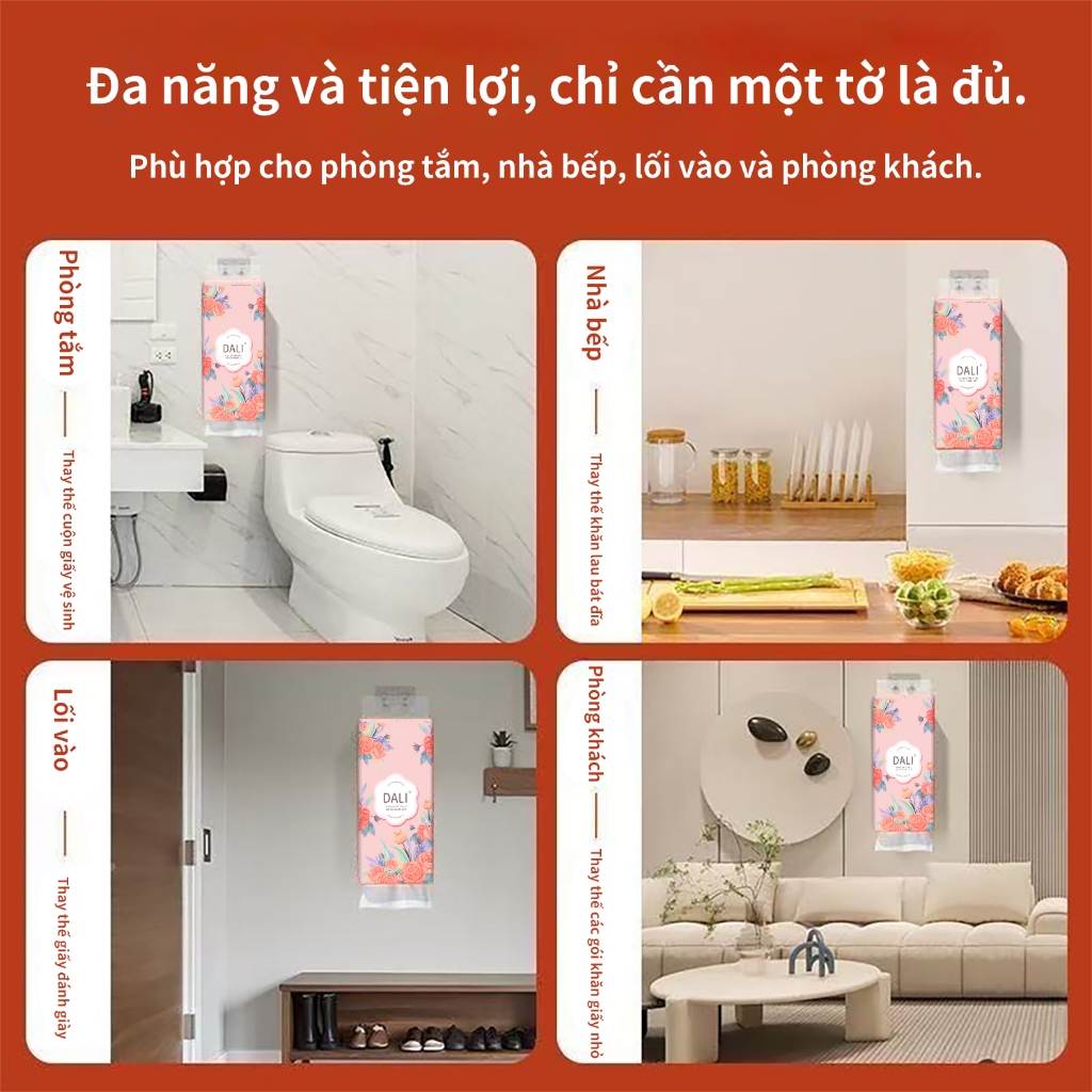 Thùng 12 Bịch Giấy Treo Đa Năng DALI Hoa Hồng, Khăn Rút Treo Trường 4 Lớp mỗi bịch 1000 Tờ Tặng Kèm 6 Móc Treo