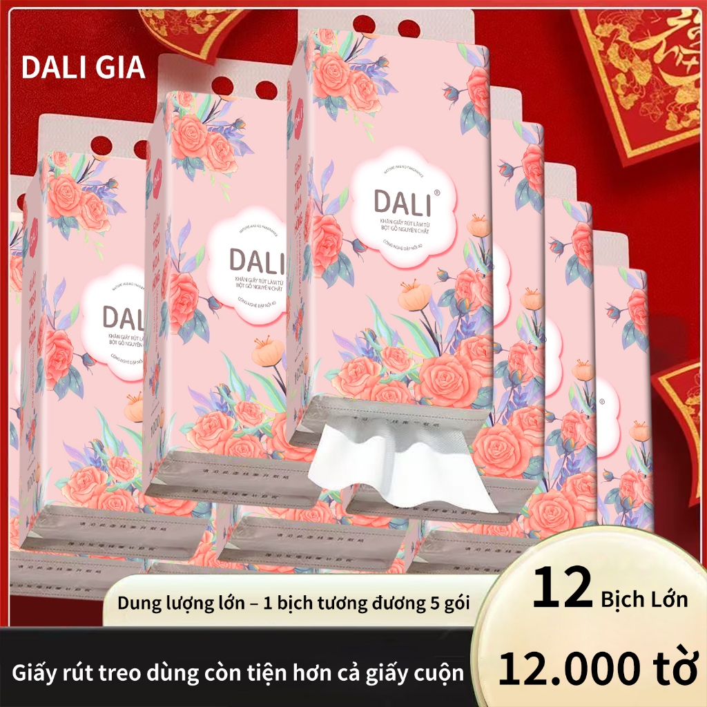 Thùng 12 Bịch Giấy Treo Đa Năng DALI Hoa Hồng, Khăn Rút Treo Trường 4 Lớp mỗi bịch 1000 Tờ Tặng Kèm 6 Móc Treo