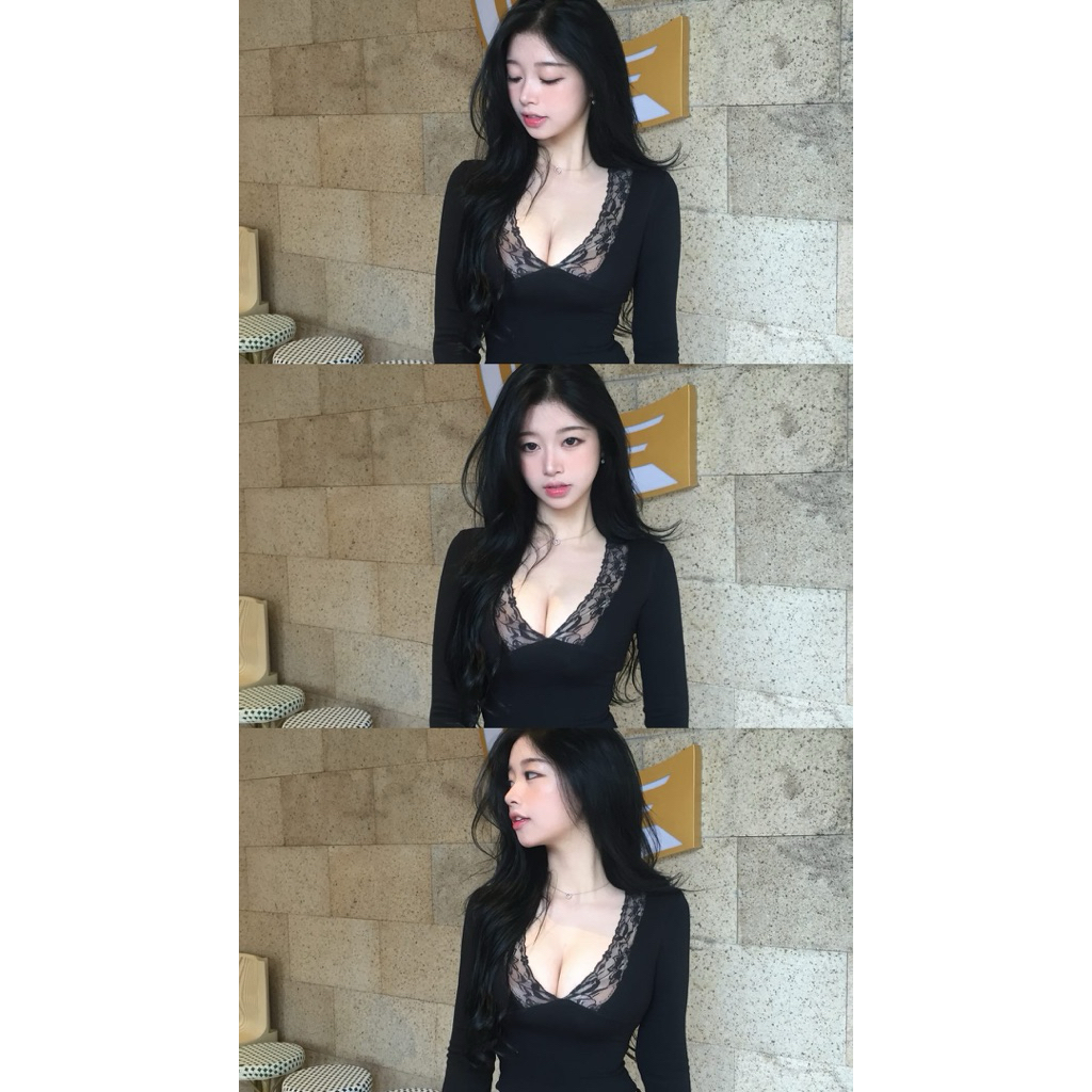| LYN WEAR | (HOẢ TỐC) LINA TOP Áo Tay Dài Ren Cổ V gợi cảm 2 lớp dày dặn Tôn Dáng, Mặc Đi Chơi, Tiệc, Holiday