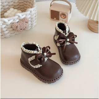Mới Sz 21-30 Bốt Da Trơn Phối Cổ Ren Khóa Dán Mix Nơ Cho Bé Gái Từ 2 Tuổi K061