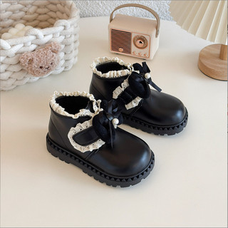 Mới Sz 21-30 Bốt Da Trơn Phối Cổ Ren Khóa Dán Mix Nơ Cho Bé Gái Từ 2 Tuổi K061