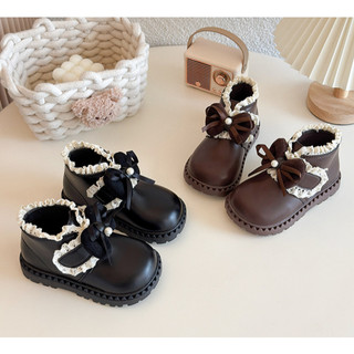 Mới Sz 21-30 Bốt Da Trơn Phối Cổ Ren Khóa Dán Mix Nơ Cho Bé Gái Từ 2 Tuổi K061