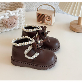 Mới Sz 21-30 Bốt Da Trơn Phối Cổ Ren Khóa Dán Mix Nơ Cho Bé Gái Từ 2 Tuổi K061