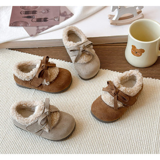 MỚI sz 21-30 Bốt Cổ Lông Cừu Da Lộn Phối Quai Dán Nơ Phòng Cách Hàn Quốc Cho Bé Gái K198
