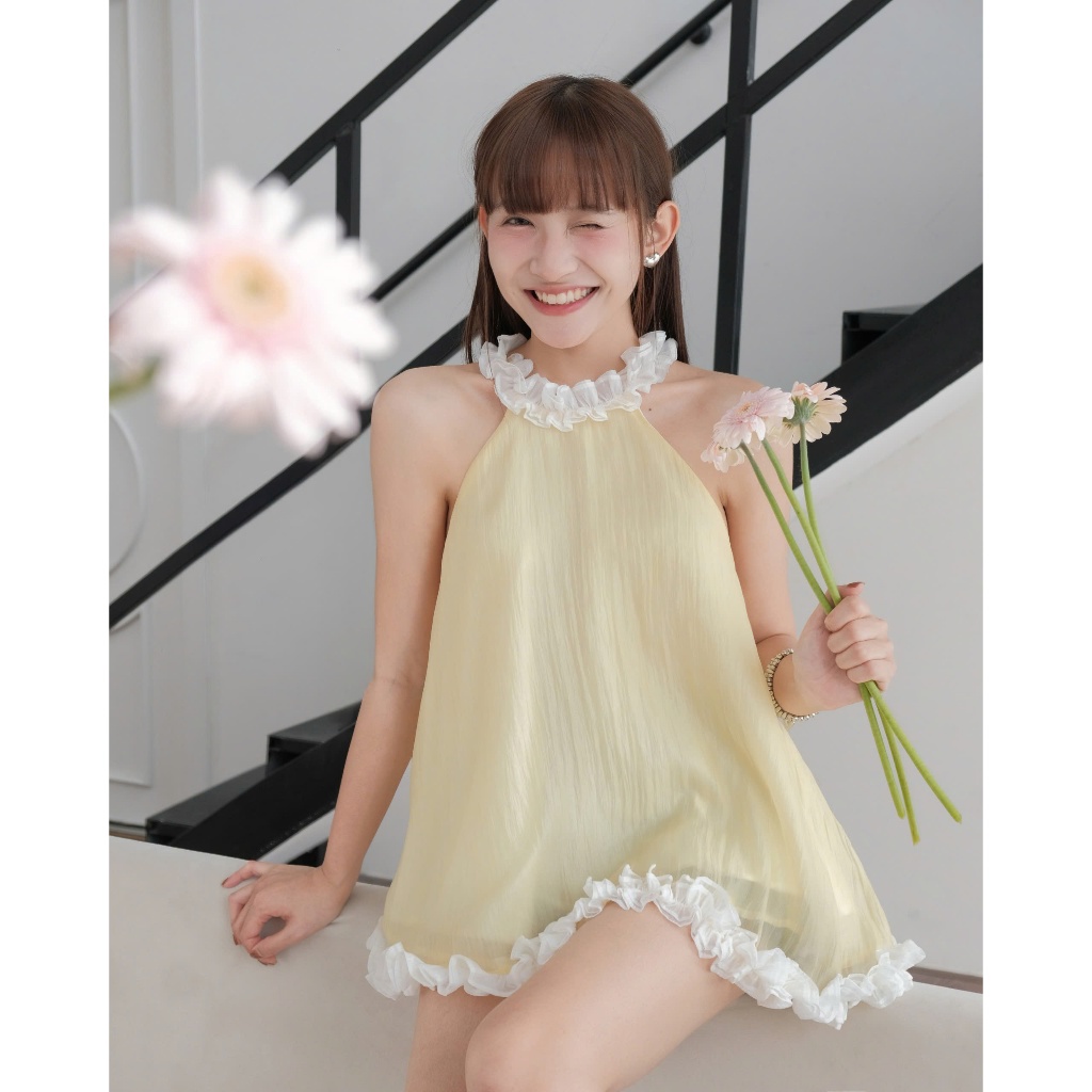 Áo Kiểu Nữ LABICE TOP Cổ Yếm Phối Bèo Dáng Xòe Bồng Siêu Xinh SECODEE