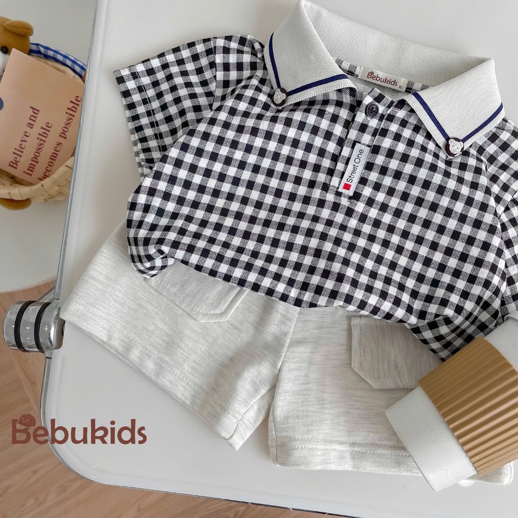 Set bộ polo cộc tay bé trai Miniumbaby gắn hình gấu cổ áo, chất cotton mềm mát, bé 1-6 tuổi SB2334