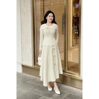 [LAMER x VIỆT HOA] Áo Kiểu Nữ LAMER Dáng Peplum Dài Tay Phủ Vai Sang Trọng, Chân Váy Dáng Xòe Dài Vạt Chéo L61B25T008