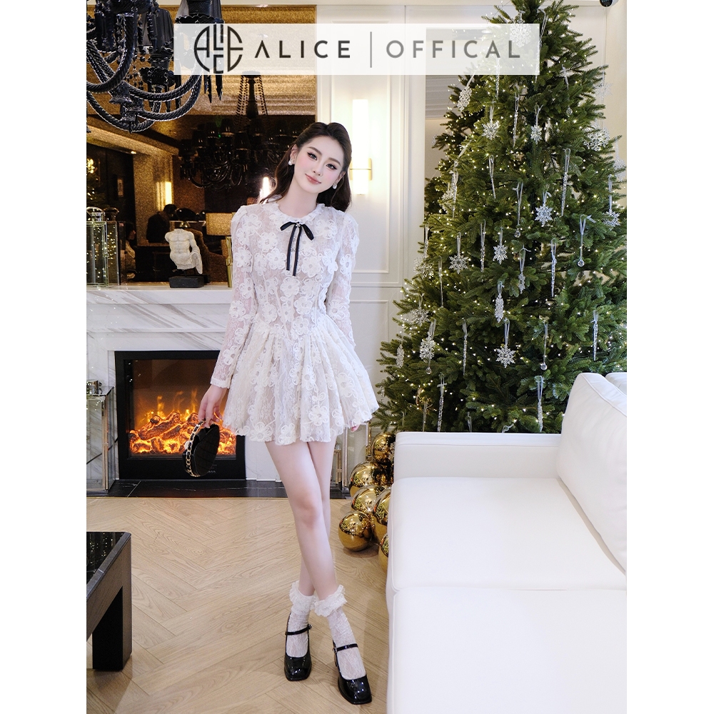 Váy Ren Nữ Cao Cấp Alice Có Lót Lụa, Váy Ngắn Xếp Ly Màu Trắng Kem Dáng Xòe Cổ Phối Beo Đính Nơ, Tay Dài Bồng T361-SX