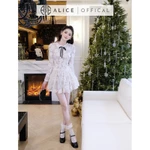 Váy Ren Nữ Cao Cấp Alice Có Lót Lụa, Váy Ngắn Xếp Ly Màu Trắng Kem Dáng Xòe Cổ Phối Beo Đính Nơ, Tay Dài Bồng T361-SX — ảnh 2