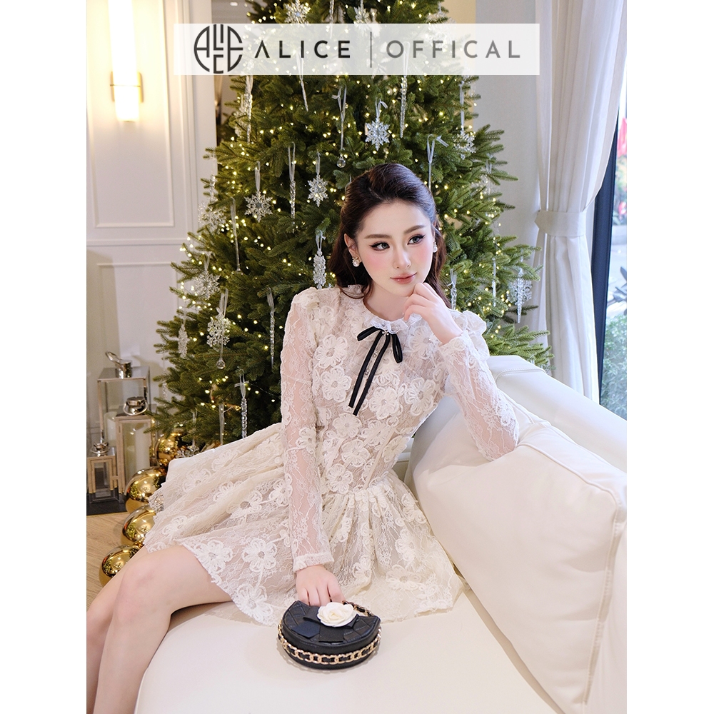 Váy Ren Nữ Cao Cấp Alice Có Lót Lụa, Váy Ngắn Xếp Ly Màu Trắng Kem Dáng Xòe Cổ Phối Beo Đính Nơ, Tay Dài Bồng T361-SX