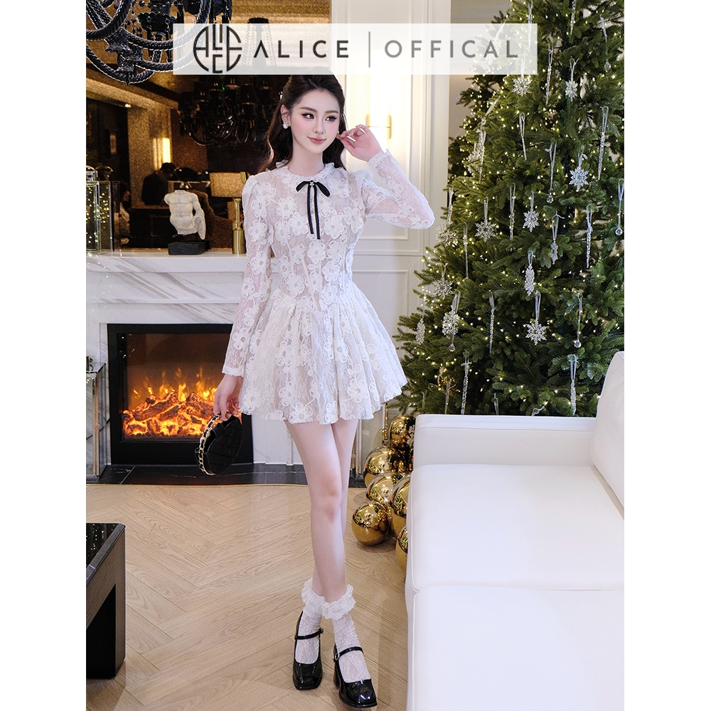 Váy Ren Nữ Cao Cấp Alice Có Lót Lụa, Váy Ngắn Xếp Ly Màu Trắng Kem Dáng Xòe Cổ Phối Beo Đính Nơ, Tay Dài Bồng T361-SX