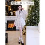 Váy Ren Nữ Cao Cấp Alice Có Lót Lụa, Váy Ngắn Xếp Ly Màu Trắng Kem Dáng Xòe Cổ Phối Beo Đính Nơ, Tay Dài Bồng T361-SX — ảnh 3