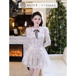 Váy Ren Nữ Cao Cấp Alice Có Lót Lụa, Váy Ngắn Xếp Ly Màu Trắng Kem Dáng Xòe Cổ Phối Beo Đính Nơ, Tay Dài Bồng T361-SX — ảnh 1