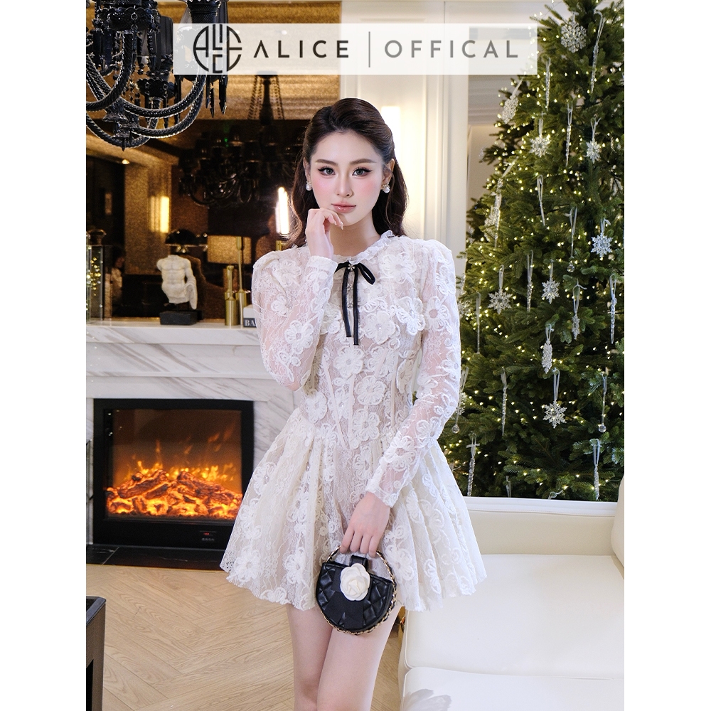 Váy Ren Nữ Cao Cấp Alice Có Lót Lụa, Váy Ngắn Xếp Ly Màu Trắng Kem Dáng Xòe Cổ Phối Beo Đính Nơ, Tay Dài Bồng T361-SX