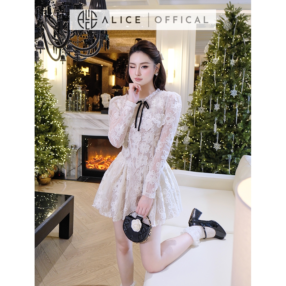 Váy Ren Nữ Cao Cấp Alice Có Lót Lụa, Váy Ngắn Xếp Ly Màu Trắng Kem Dáng Xòe Cổ Phối Beo Đính Nơ, Tay Dài Bồng T361-SX
