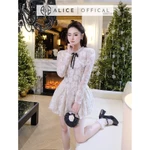 Váy Ren Nữ Cao Cấp Alice Có Lót Lụa, Váy Ngắn Xếp Ly Màu Trắng Kem Dáng Xòe Cổ Phối Beo Đính Nơ, Tay Dài Bồng T361-SX — ảnh 6