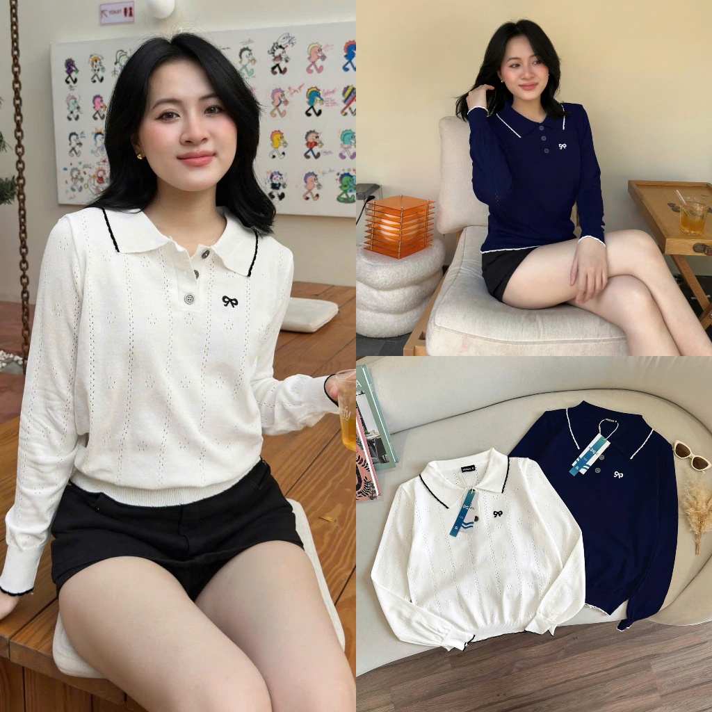 Áo Len Tay Dài Mirage Thêu Nơ Xanh Trắng Local Brand, Chất Len Mềm Mịn.