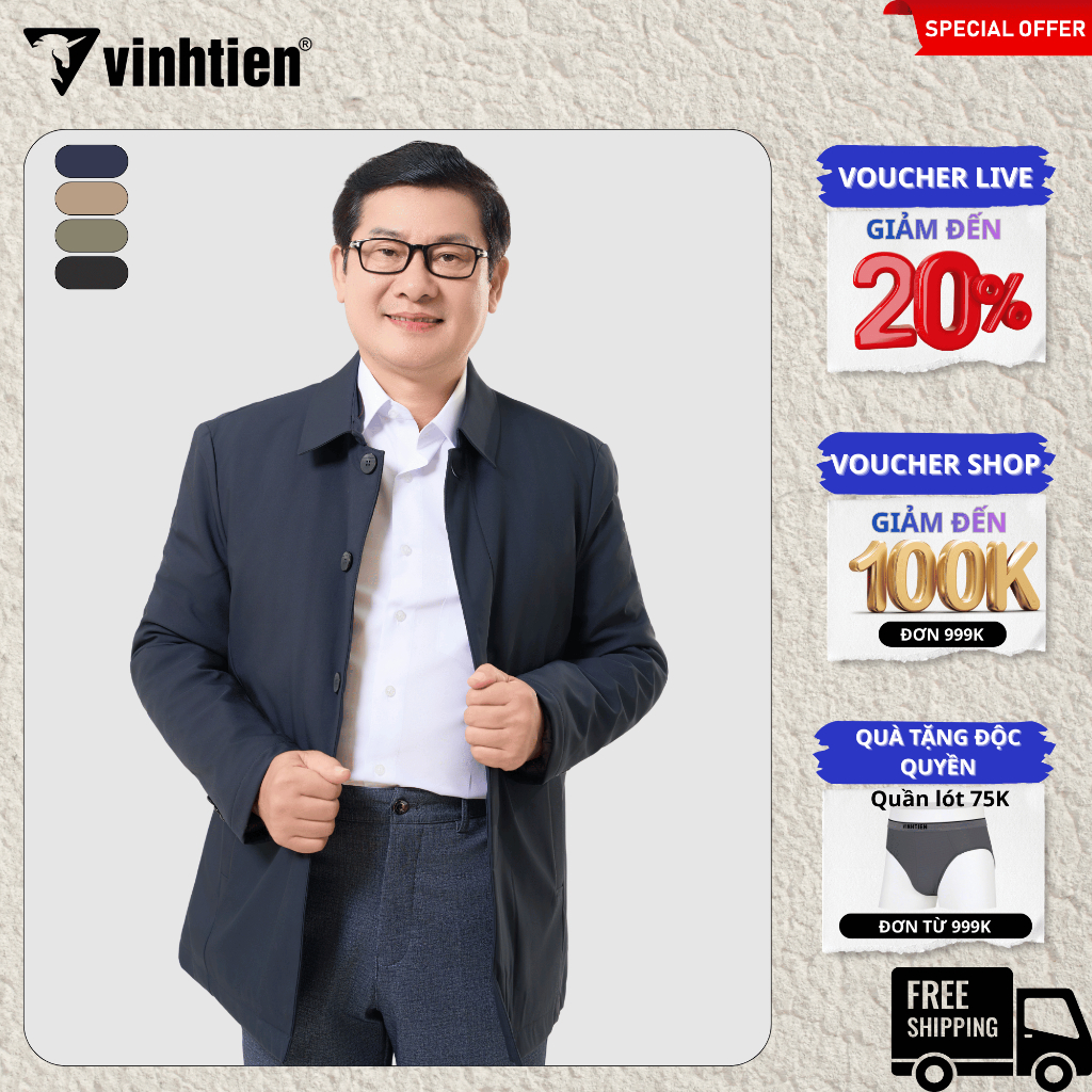 Áo Khoác Jacket Nam Vĩnh Tiến Chần Bông Nẹp Cúc Cổ Đức Chống Gió Giữ Ấm ...