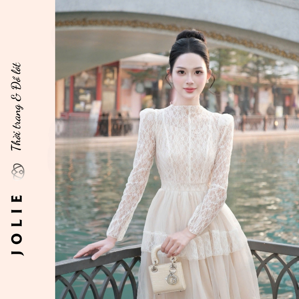 Đầm Ren JOLIE Thiết Kế Tay Dài Cổ Trụ - Váy Trắng Dáng Xòe Tầng Phong Cách Tiểu Thư Thanh Lịch