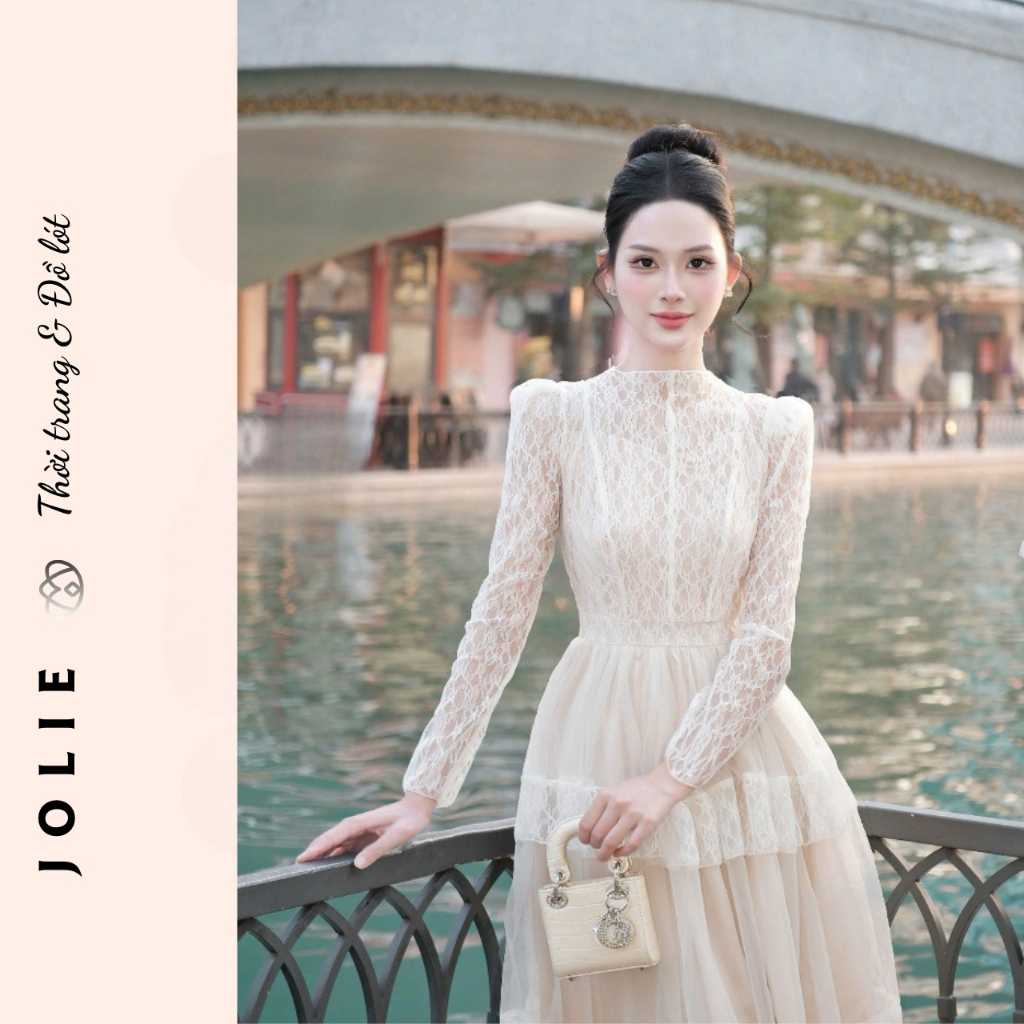Đầm Ren JOLIE Thiết Kế Tay Dài Cổ Trụ - Váy Trắng Dáng Xòe Tầng Phong Cách Tiểu Thư Thanh Lịch