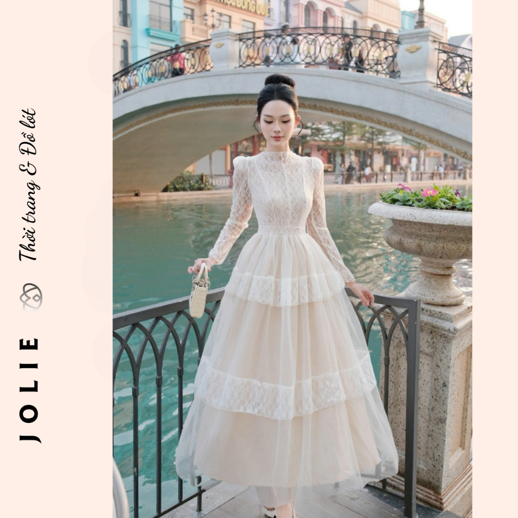 Đầm Ren JOLIE Thiết Kế Tay Dài Cổ Trụ - Váy Trắng Dáng Xòe Tầng Phong Cách Tiểu Thư Thanh Lịch