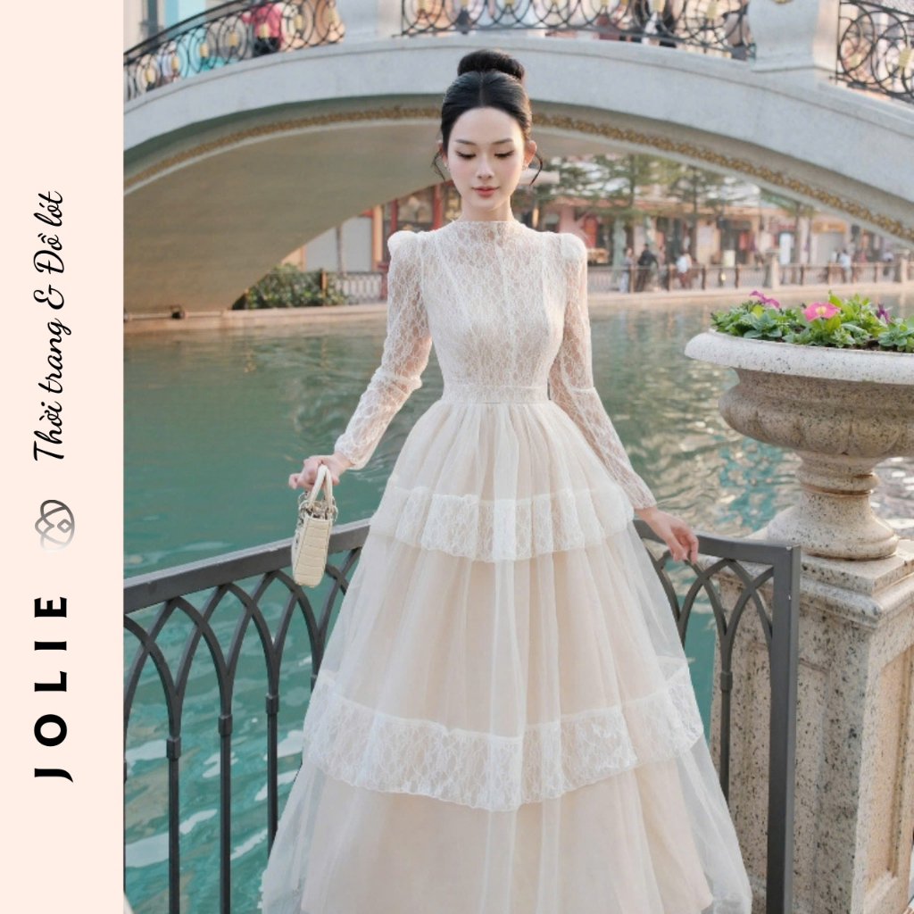 Đầm Ren JOLIE Thiết Kế Tay Dài Cổ Trụ - Váy Trắng Dáng Xòe Tầng Phong Cách Tiểu Thư Thanh Lịch