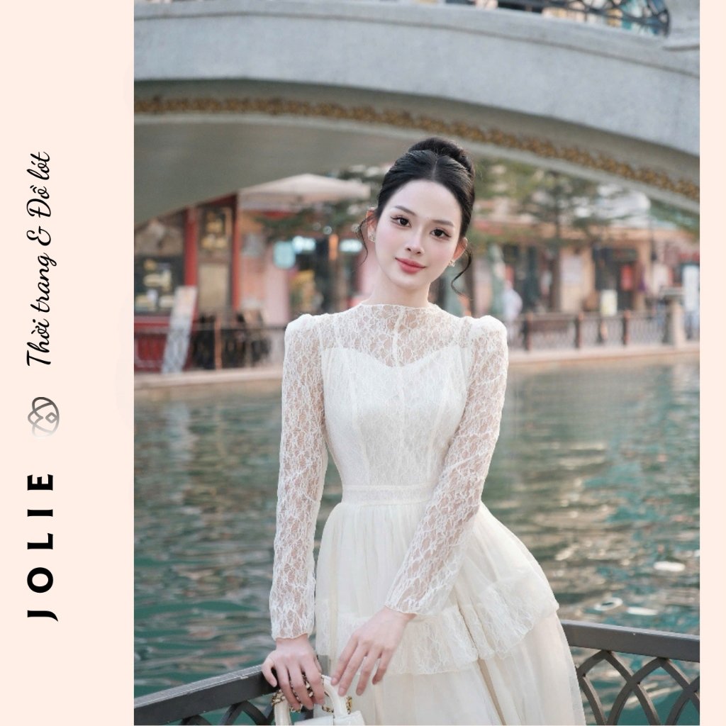 Đầm Ren JOLIE Thiết Kế Tay Dài Cổ Trụ - Váy Trắng Dáng Xòe Tầng Phong Cách Tiểu Thư Thanh Lịch
