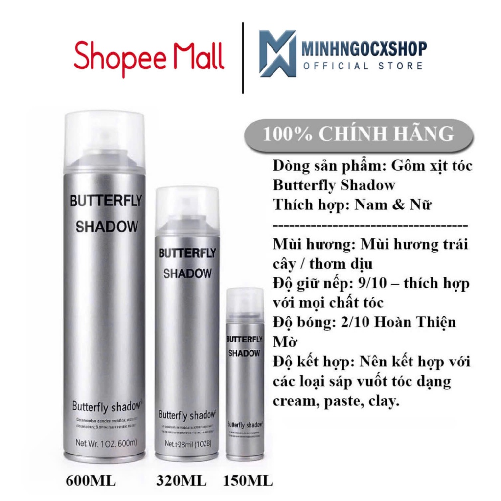Gôm xịt tóc BUTTERFLY SHADOW 150ML - 320ML - 600ML, gôm bạc giữ nếp cứng cho cả nam nữ
