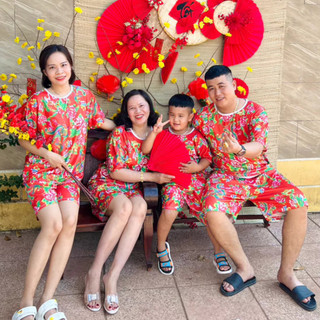 Sét bộ quần áo in hoa tiết cành họa tiết con công đỏ chúc tết , mặc nhóm gia đình đi chơi noel, tất niên KL2