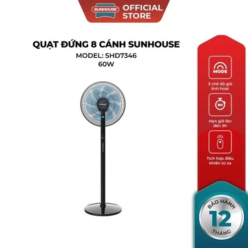 Quạt đứng 8 cánh SUNHOUSE SHD7346 - Công suất60W - Điều khiển cảm ứng - Tích hợp điều khiển từ xa - 3 chế độ gió