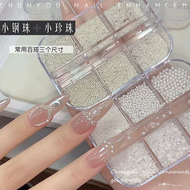 Phụ Kiện Trang Trí Móng Tay Nghệ Thuật Nửa Tròn Cao Bóng – Hạt Ngọc Trai Bạc Mini Thép, Mix Đa Năng Dùng Nail Art