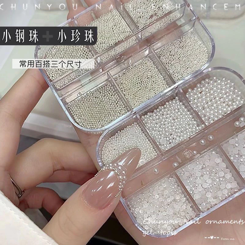Phụ Kiện Trang Trí Móng Tay Nghệ Thuật Nửa Tròn Cao Bóng – Hạt Ngọc Trai Bạc Mini Thép, Mix Đa Năng Dùng Nail Art
