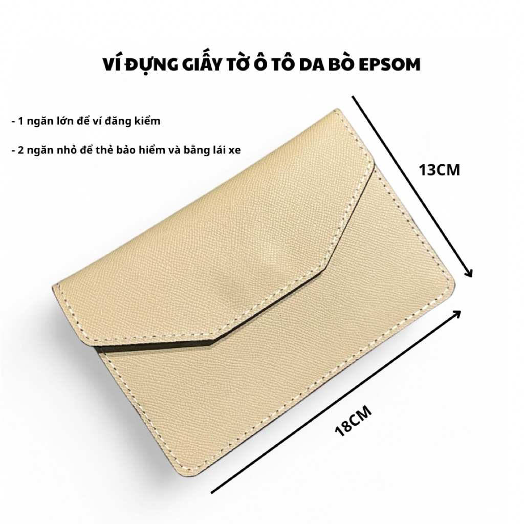 (Da Bò Thật) Ví Đựng Giấy Tờ Đăng Kiểm Xe Ô Tô Da Bò EPSOM - Mẫu 02 Màu Beige - VDK-DB02-BG