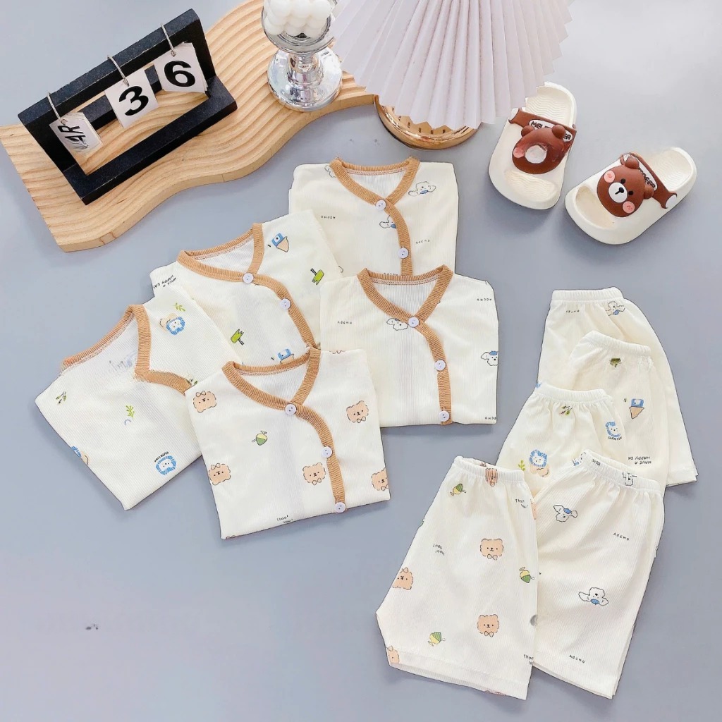 [Peinn] [Bộ cộc tăm] Combo 3/5 bộ quần áo cộc tay chất tăm lạnh, bảng màu kem cho bé sơ sinh 3-9kg
