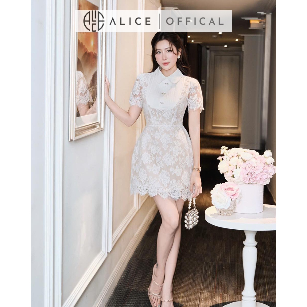 Váy Dự Tiệc Cao Cấp Alice Chất Ren Mềm. Cổ Sơ Mi Xếp Ly, Đầm Ngắn Tay Dáng Chữ A Có Chiết Eo Tôn Dáng T310-SX