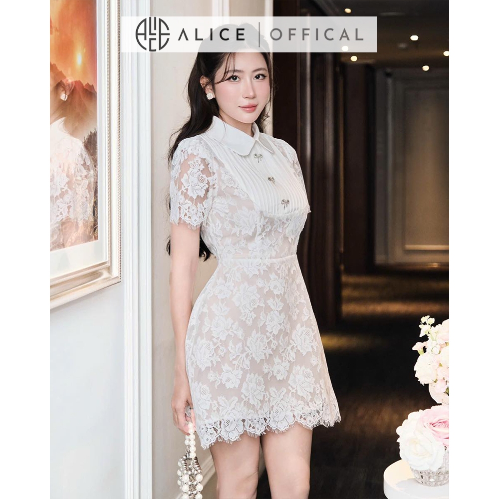 Váy Dự Tiệc Cao Cấp Alice Chất Ren Mềm. Cổ Sơ Mi Xếp Ly, Đầm Ngắn Tay Dáng Chữ A Có Chiết Eo Tôn Dáng T310-SX