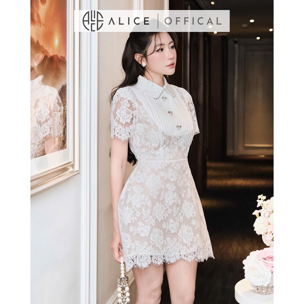 Váy Dự Tiệc Cao Cấp Alice Chất Ren Mềm. Cổ Sơ Mi Xếp Ly, Đầm Ngắn Tay Dáng Chữ A Có Chiết Eo Tôn Dáng T310-SX